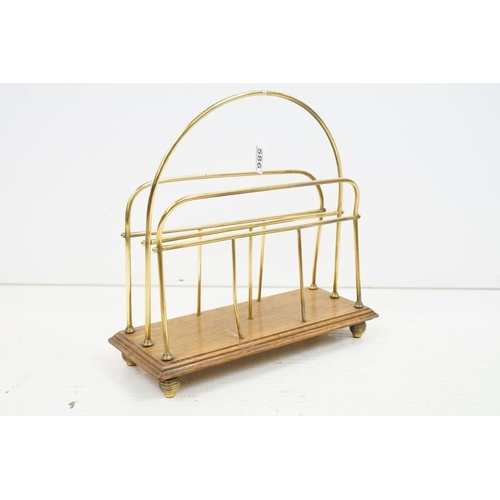 586 - Edwardian Brass and Oak Magazine Rack, 37cm high