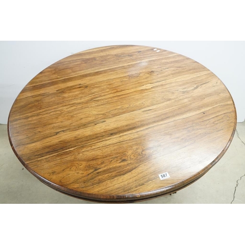 587 - Victorian Rosewood Circular Tilt Top Breakfast Table raised on a bulbous octagonal column and a circ... 