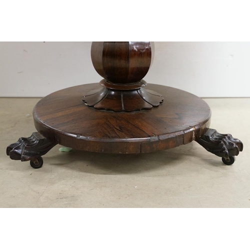 587 - Victorian Rosewood Circular Tilt Top Breakfast Table raised on a bulbous octagonal column and a circ... 