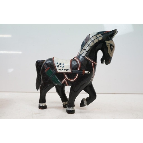 401 - Four carved wooden animals to include a large duck (approx 40cm high), folk art horse, seated pig an... 