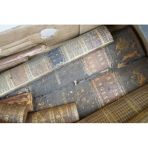 412 - Collection of assorted leather bound book spines with gilt decorative titling. Approx 32 spines in t... 