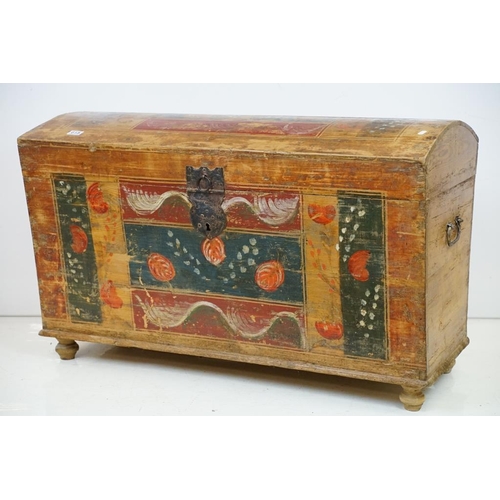 615 - 19th century Folk Art Continental Pine Dome Top Blanket Box with naive painted decoration, with cand... 