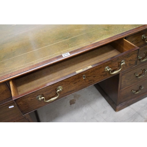 616 - 19th century Mahogany Partner's Desk with green leather inset top, with an arrangement of nine drawe... 