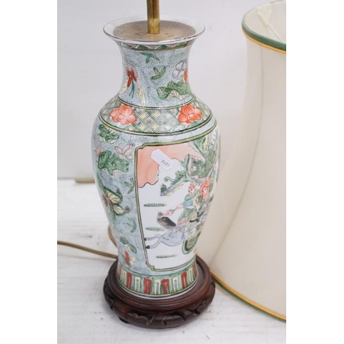 420 - Chinese Famille Verte converted vase lamp base with panels depicting warriors and a horse, raised on... 