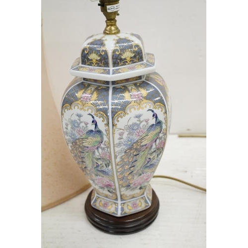 420 - Chinese Famille Verte converted vase lamp base with panels depicting warriors and a horse, raised on... 