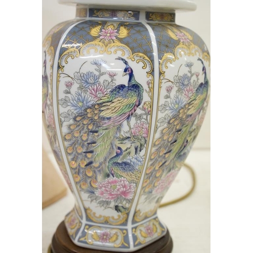 420 - Chinese Famille Verte converted vase lamp base with panels depicting warriors and a horse, raised on... 