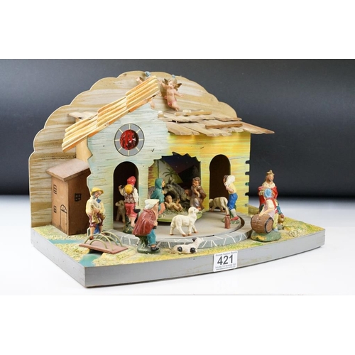 421 - Mid 20th Century Italian painted wooden nativity diorama, with rotating platform surrounding the man... 