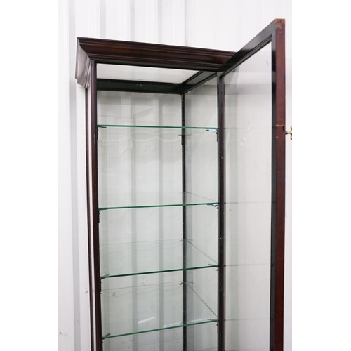 627 - Edwardian Mahogany Framed Square Tall Glass Shop Display Cabinet, glazed to all sides, the single do... 