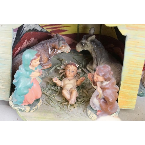 421 - Mid 20th Century Italian painted wooden nativity diorama, with rotating platform surrounding the man... 