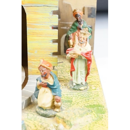 421 - Mid 20th Century Italian painted wooden nativity diorama, with rotating platform surrounding the man... 