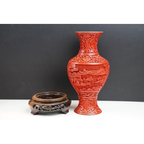 426 - Carved bamboo brush pot / holder, carved with Chinese figures (38.5cm high), cinnabar lacquered balu... 