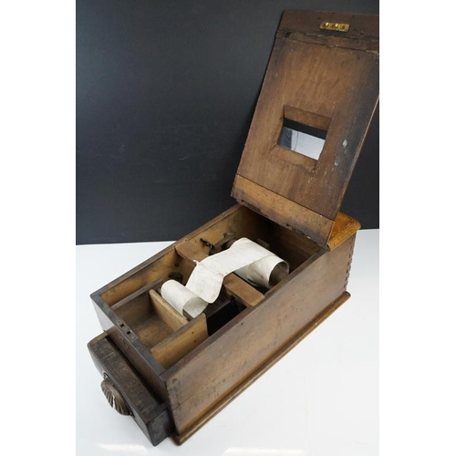 427 - Edwardian mahogany cash register with hinged top and drawer with brass handle, approx 43cm long x 19... 