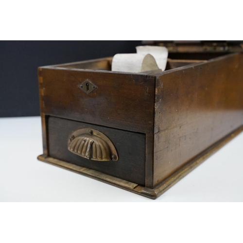 427 - Edwardian mahogany cash register with hinged top and drawer with brass handle, approx 43cm long x 19... 