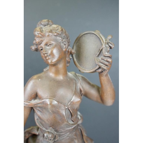 428 - After Moreau, a pair of patinated spelter figures modelled as female musicians, stamped 'Moreau', ra... 