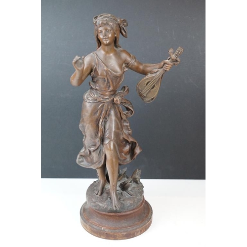 428 - After Moreau, a pair of patinated spelter figures modelled as female musicians, stamped 'Moreau', ra... 