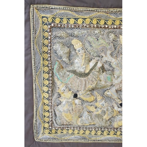 572 - South East Asian Stumpwork style Wall Hanging Panel depicting a horse drawn chariot and figures, wit... 