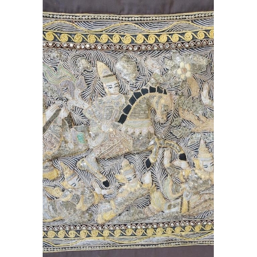 572 - South East Asian Stumpwork style Wall Hanging Panel depicting a horse drawn chariot and figures, wit... 