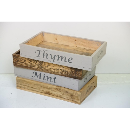 625 - Four Wooden Herb Crates / Trays, two painted and stamped Thyme and Mint and two waxed, each stamped ... 