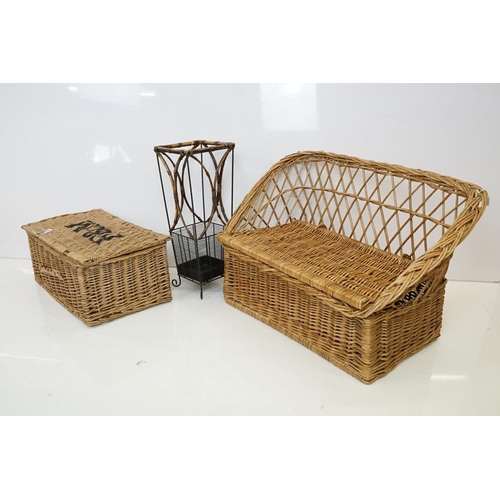 626 - Wicker Child's Bench Ottaman, Wicker ' F & M ' Picnic Hamper and a Wicker and Metal Stickstand