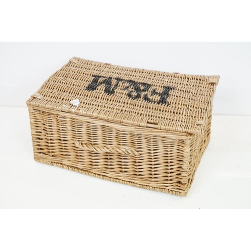 626 - Wicker Child's Bench Ottaman, Wicker ' F & M ' Picnic Hamper and a Wicker and Metal Stickstand