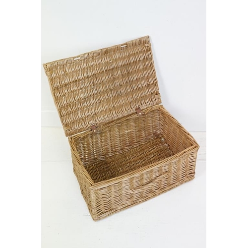 626 - Wicker Child's Bench Ottaman, Wicker ' F & M ' Picnic Hamper and a Wicker and Metal Stickstand