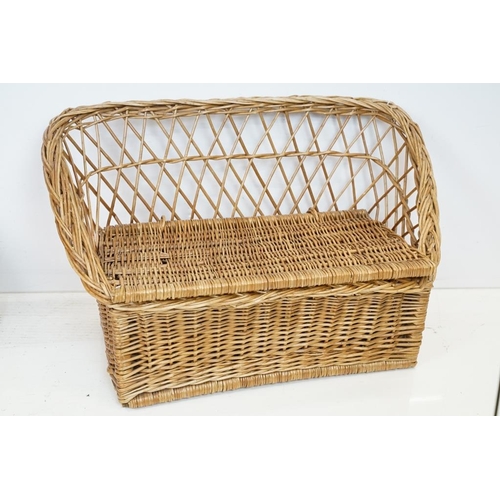 626 - Wicker Child's Bench Ottaman, Wicker ' F & M ' Picnic Hamper and a Wicker and Metal Stickstand