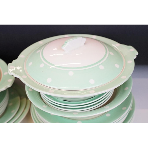 68 - Art Deco ' Tams Ware ' tea & dinnerware in mint polka dot, pattern no. 2260, to include teapot & cov... 