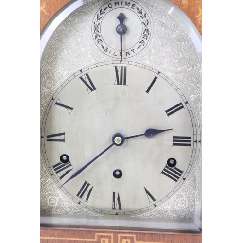 210 - Early 20th century inlaid mahogany Westminster chiming mantel clock, the engraved arched dial with R... 