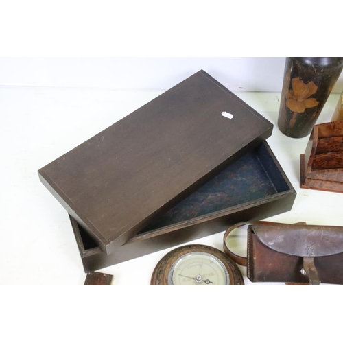 437 - Mixed collectables to include a Thuya wood letter rack (25cm wide), set square, leather ammunition p... 