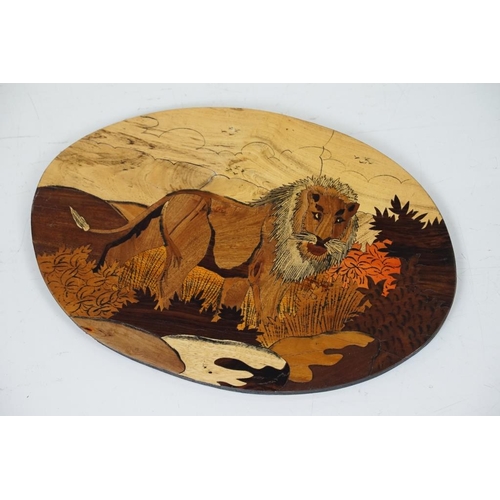 444 - Mixed wooden collectables to include 5 x marquetry pictures (featuring horse & lion examples), 19th ... 