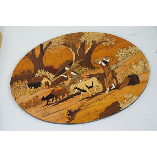 444 - Mixed wooden collectables to include 5 x marquetry pictures (featuring horse & lion examples), 19th ... 