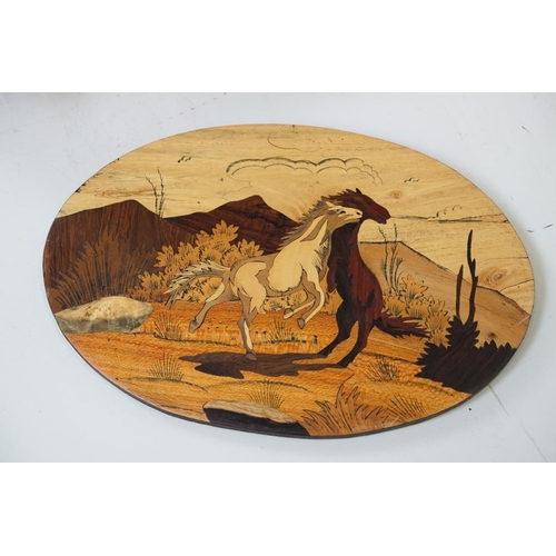 444 - Mixed wooden collectables to include 5 x marquetry pictures (featuring horse & lion examples), 19th ... 