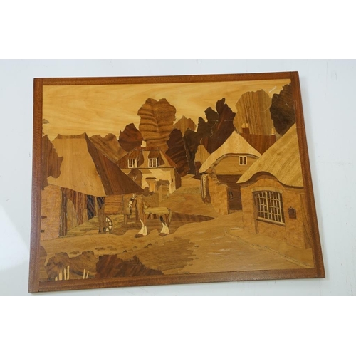 444 - Mixed wooden collectables to include 5 x marquetry pictures (featuring horse & lion examples), 19th ... 