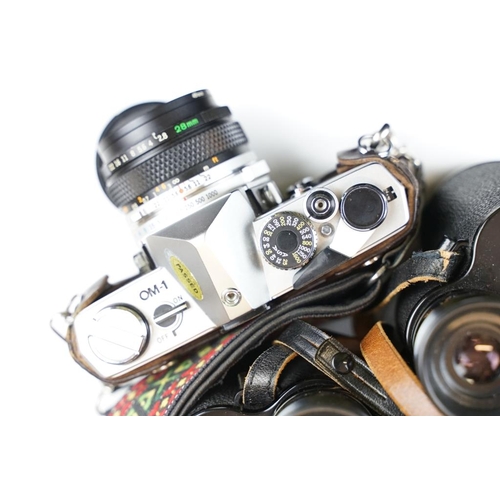 449 - Group of cameras, lenses & binoculars to include an Olympus OM-1 (with Olympus OM-System f/2.8 28mm ... 