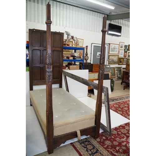 632 - Jacobean style Carved Oak ' Tester ' Bed with a panelled headboard and carved footposts