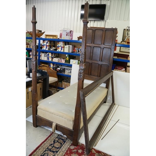 632 - Jacobean style Carved Oak ' Tester ' Bed with a panelled headboard and carved footposts