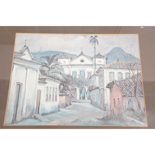 491 - Continental school, street scene, heavily impasto oil on canvas, indistinctly signed lower right, 38... 