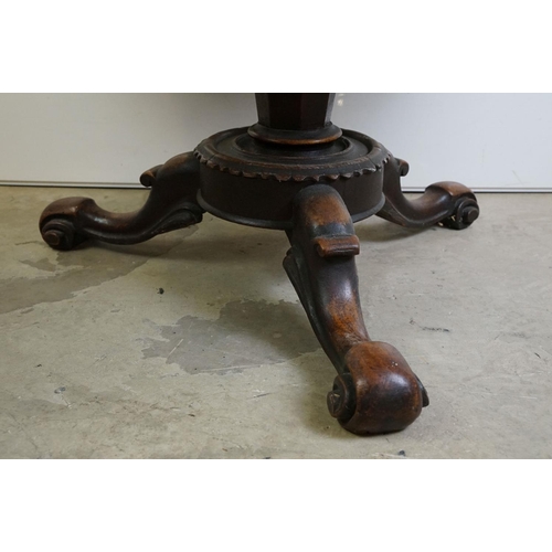 498 - Mid Victorian Mahogany Circular Tilt Top Loo Table, raised on carved centre column with three scroll... 