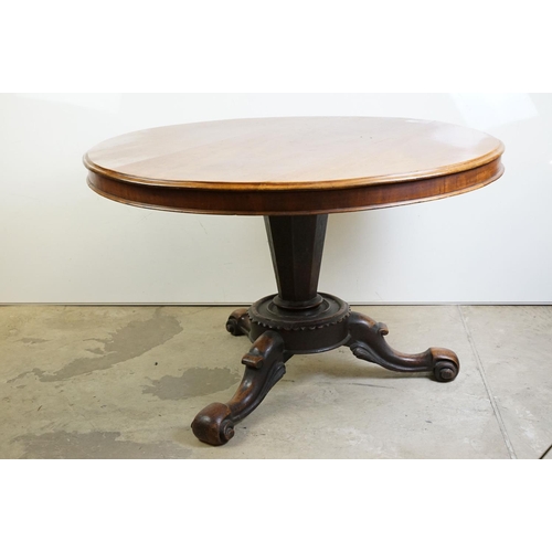 498 - Mid Victorian Mahogany Circular Tilt Top Loo Table, raised on carved centre column with three scroll... 