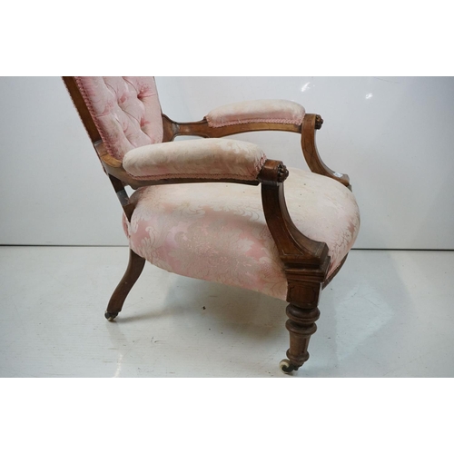 567 - Pair of Victorian Carved Walnut ' His and Hers ' Salon Easy Chairs, the larger chair with arms, both... 