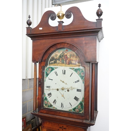 537 - 19th century Mahogany Inlaid 8 day Longcase Clock, the hood with broken swan neck pediment and brass... 