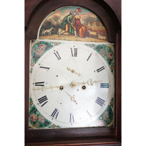 537 - 19th century Mahogany Inlaid 8 day Longcase Clock, the hood with broken swan neck pediment and brass... 