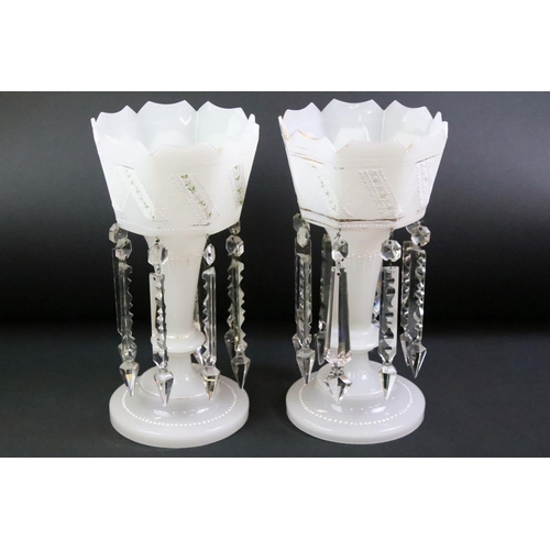 88 - Pair of 19th Century Victorian white glass lustres having crenelated rims with enamelled lace design... 