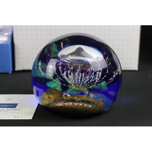 103 - Four boxed Caithness glass paperweights / ornaments to include Space Lights - Spirals Paperweight, M... 