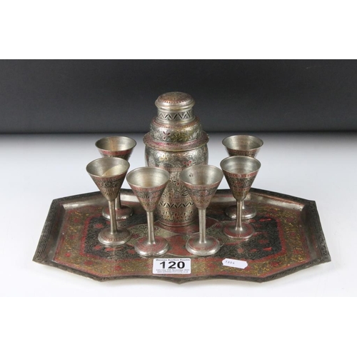 120 - Eastern silver plated cocktail set with shaker, 6 drinking vessels and tray with floral decoration. ... 