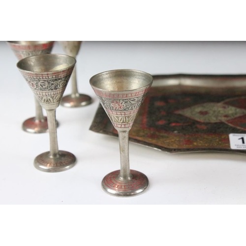 120 - Eastern silver plated cocktail set with shaker, 6 drinking vessels and tray with floral decoration. ... 