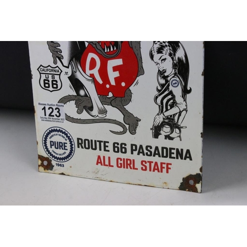 123 - Advertising - Pure Oil Co Firebird Racing Gasoline Route 66 enamel wall sign, white ground, approx 3... 