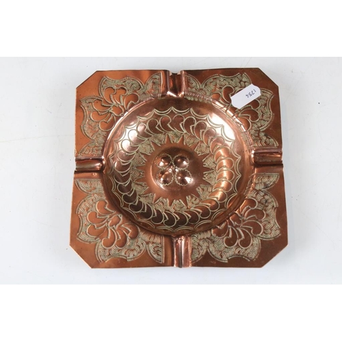 125 - Middle Eastern copper ashtray of square form, with engraved repeating decoration, Arabic signature /... 