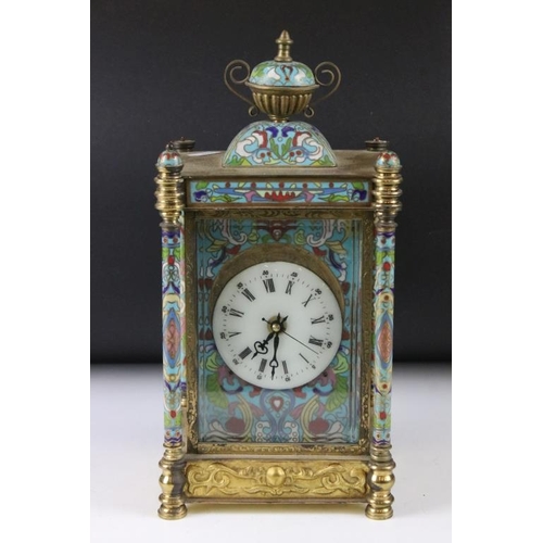 126 - Gilt and cloisonne mantle clock, the circular enamel dial with Roman numerals, the case with bevelle... 