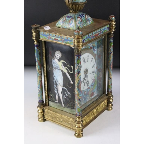 126 - Gilt and cloisonne mantle clock, the circular enamel dial with Roman numerals, the case with bevelle... 